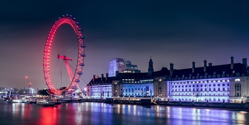 The London Eye Ferris Wheel Illuminated With Red Light at Night