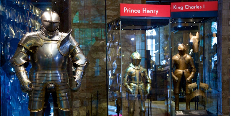 “Magnificent royal armour on display inside the armoury at the Tower of London.”