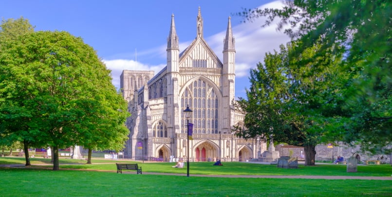 Winchester, UK - Aug 20, 2019: Winchester Cathedral West Front.