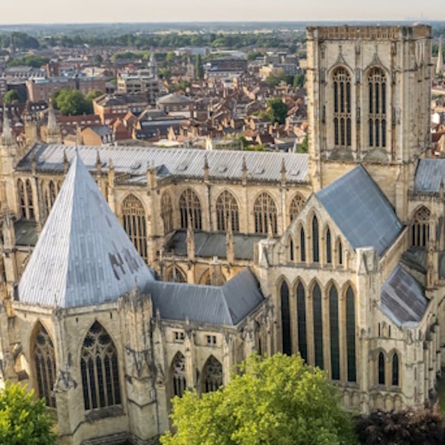 The drone aerial view of York Minister. York Minster is the largest Gothic cathedral in Northern Europe.